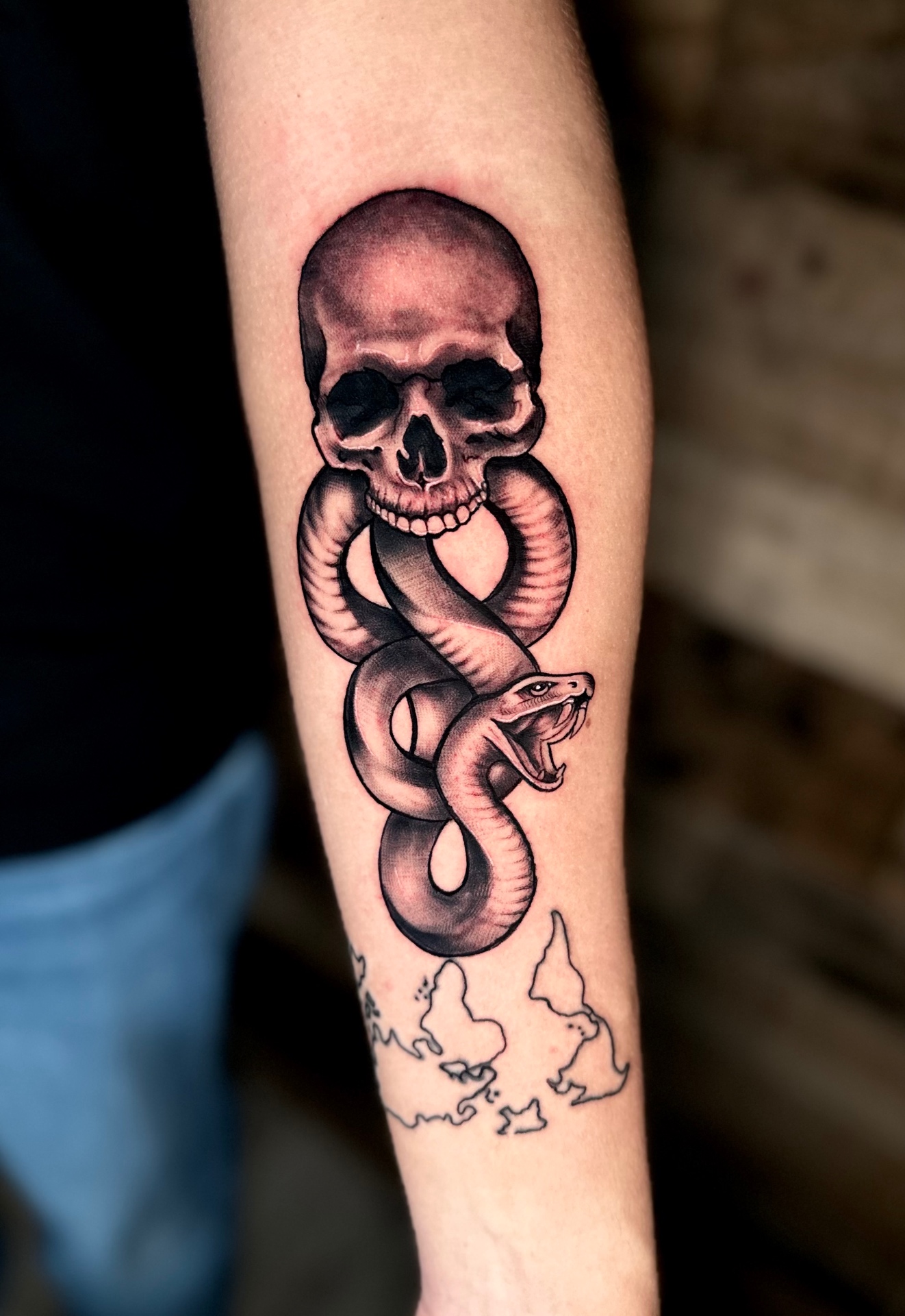 Skull and snake forearm tattoo by Ramón Santiago at R INKS ARTS