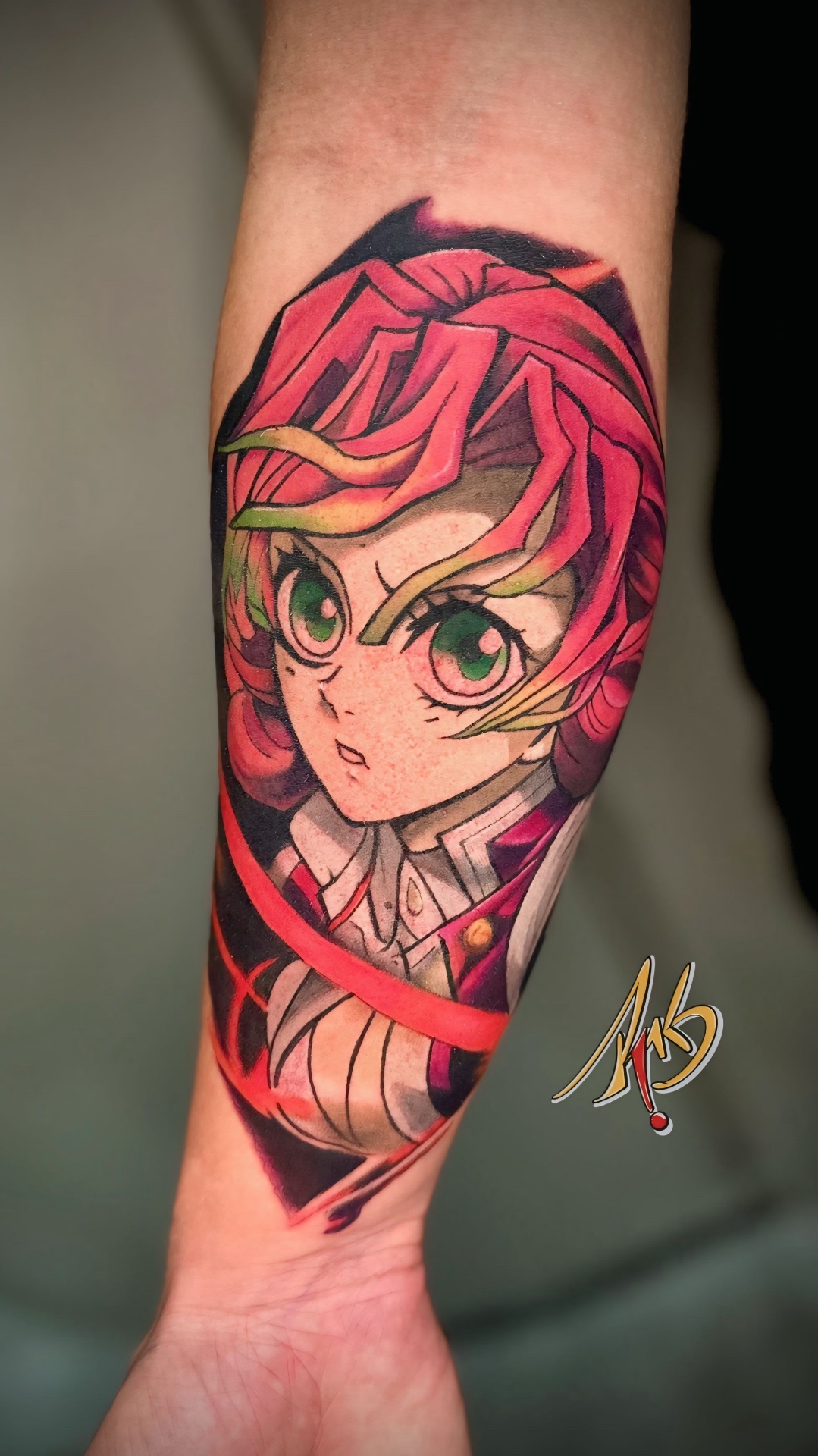 Vibrant color anime portrait forearm tattoo by Ramón Santiago at R INKS ARTS