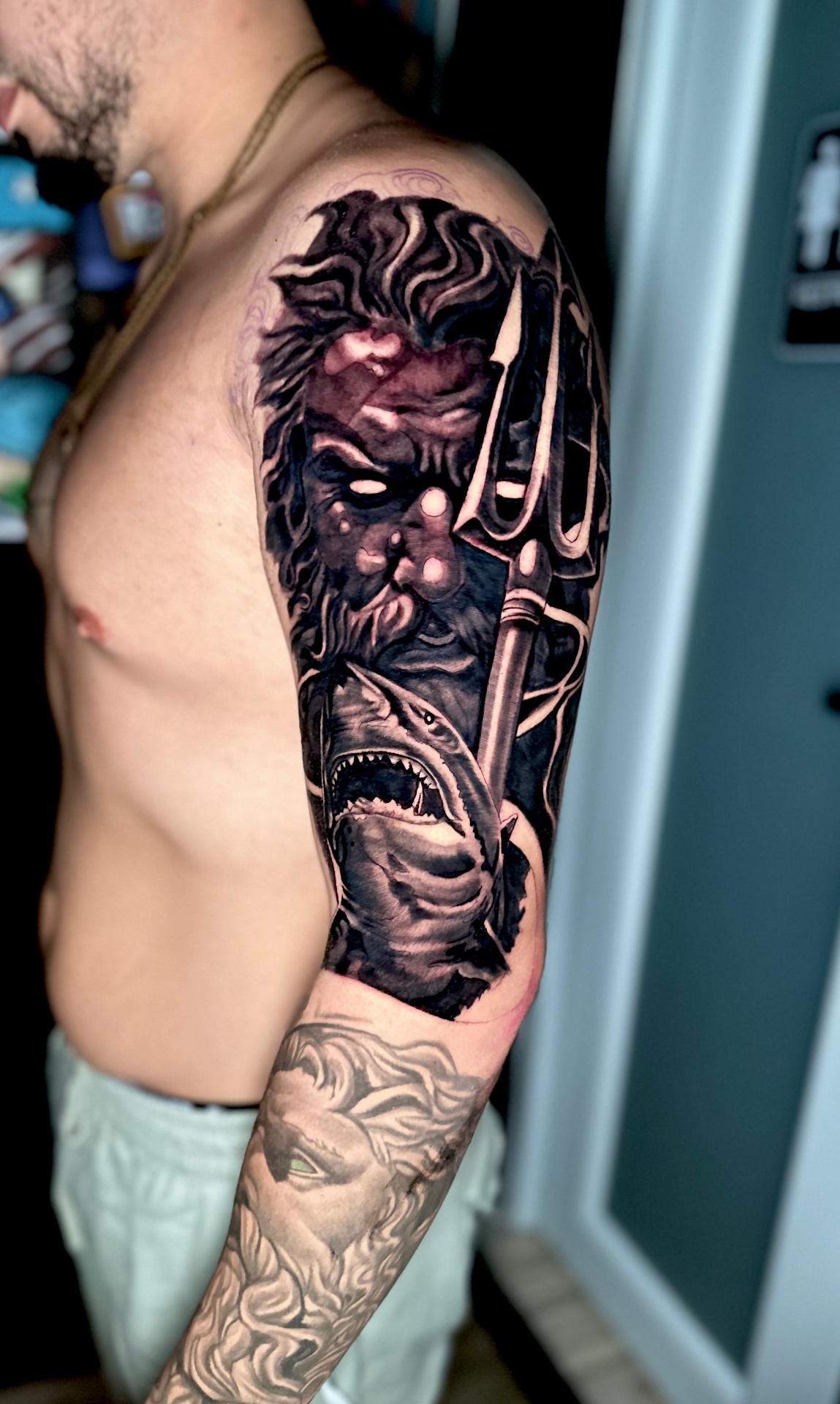 Black and grey half sleeve with Poseidon and a shark by Ramón Santiago at R INKS ARTS