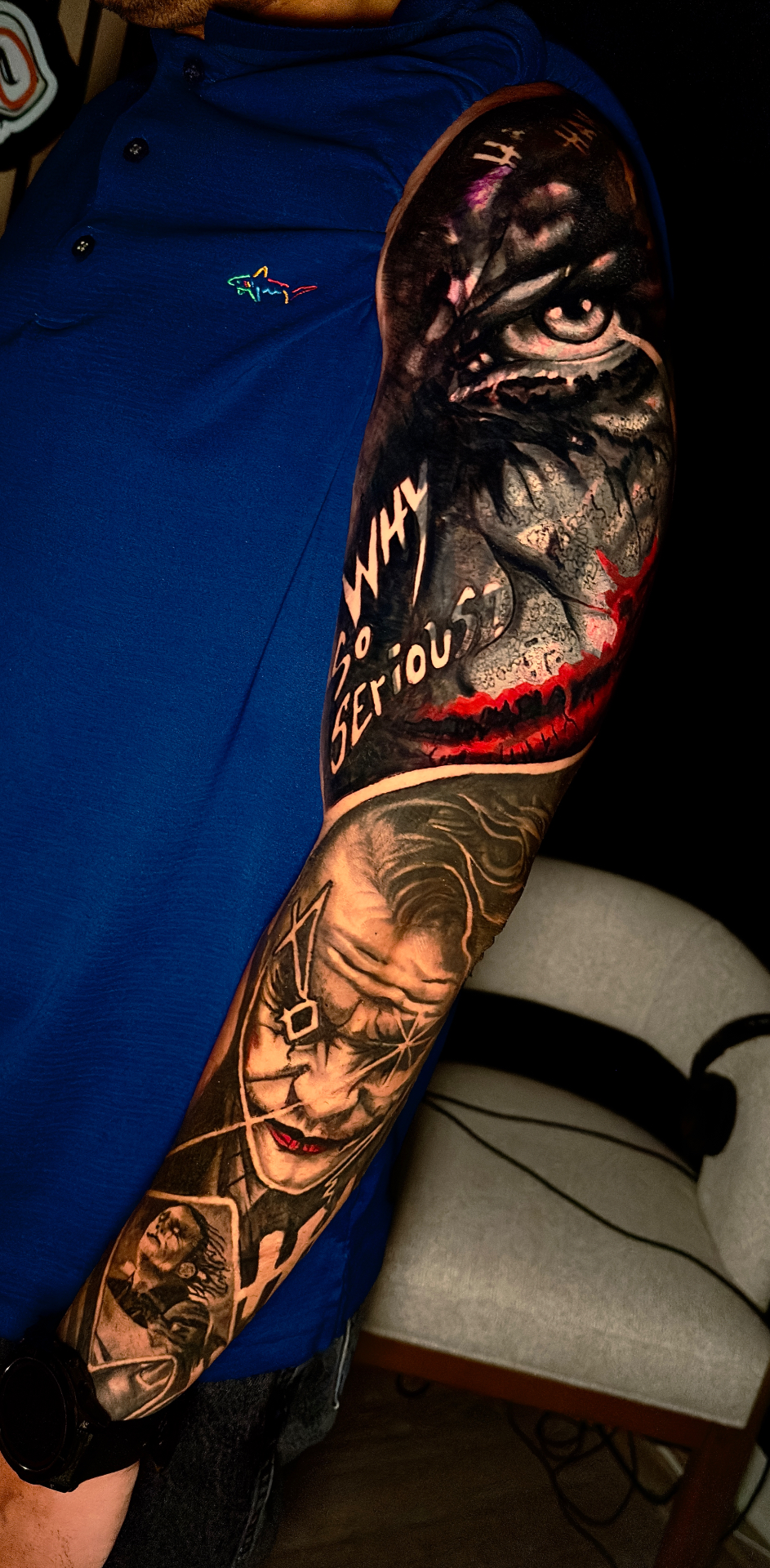 Full Joker-themed sleeve tattoo by Ramón Santiago at R INKS ARTS in Bayamón, Puerto Rico